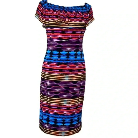 Maggy London Size 4 slimming Dress Ruffles Blue Purple Yellow Magenta Colors - Picture 4 of 10